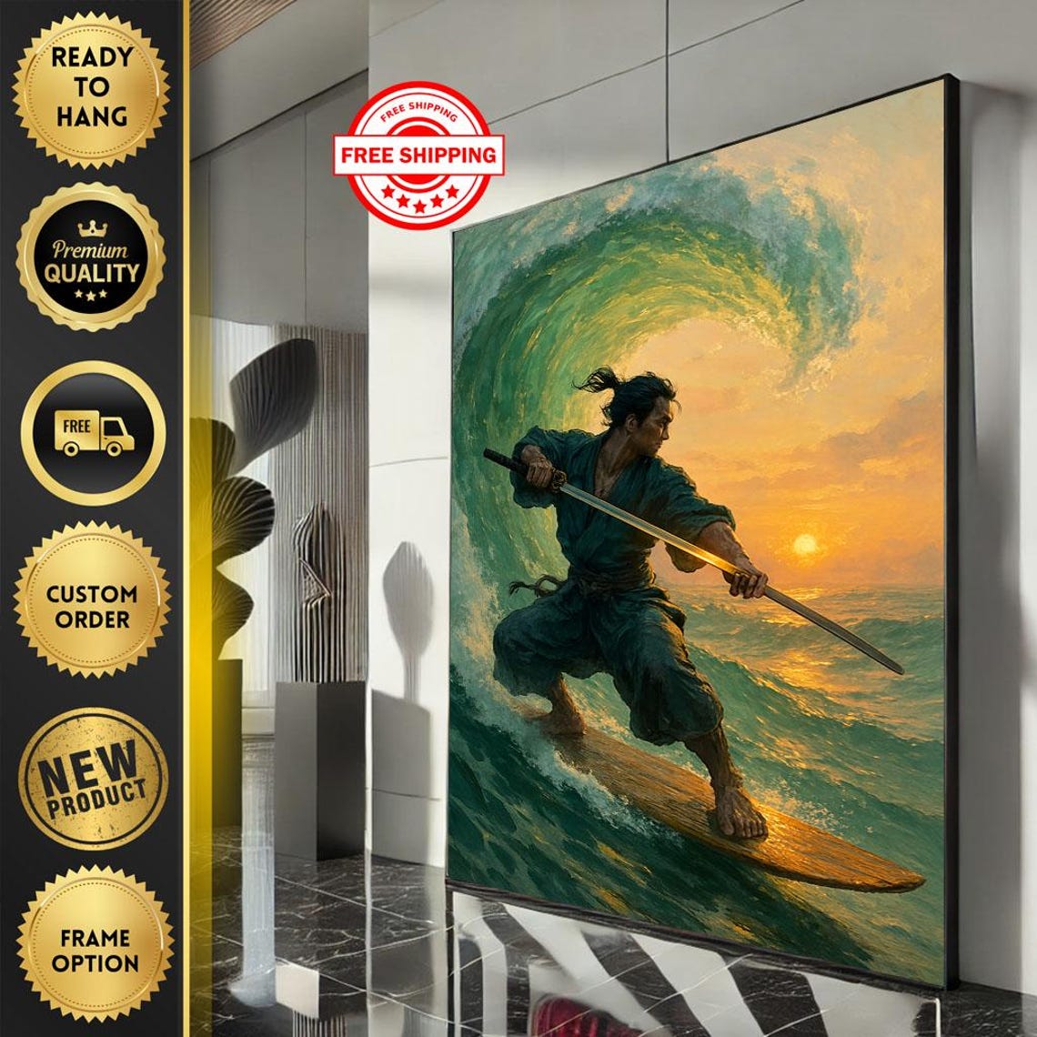 Samurai Surfer Katana Wave Sunset Ocean Adventure Japanese Poster