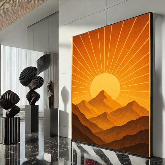 Radiant Sunburst Mountain Landscape Canvas Wall Art Print Modern Living Room Decor Statement Piece