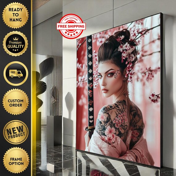 Tattooed Geisha with Katana Cherry Blossom Portrait Fierce Japanese Beauty Poster