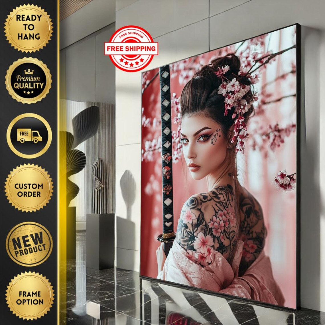 Tattooed Geisha with Katana Cherry Blossom Portrait Fierce Japanese Beauty Poster