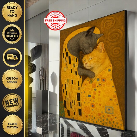Klimt Kiss Style Two Cats Hugging Golden Decorative Art Poster