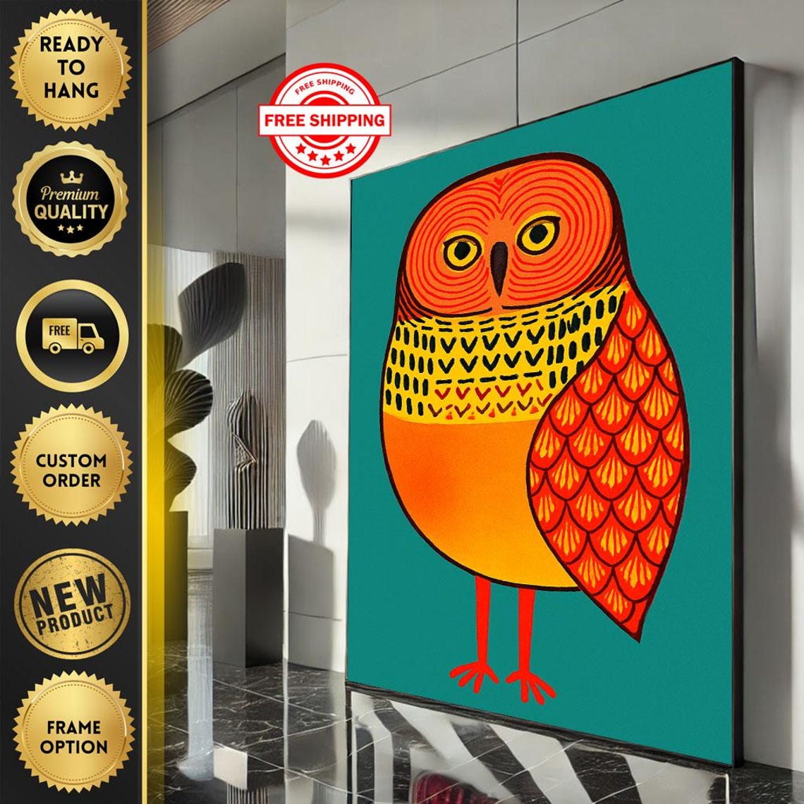 Colorful Owl Illustration Canvas Wall Art Print Modern Boho Living Room Decor Ready To Hang