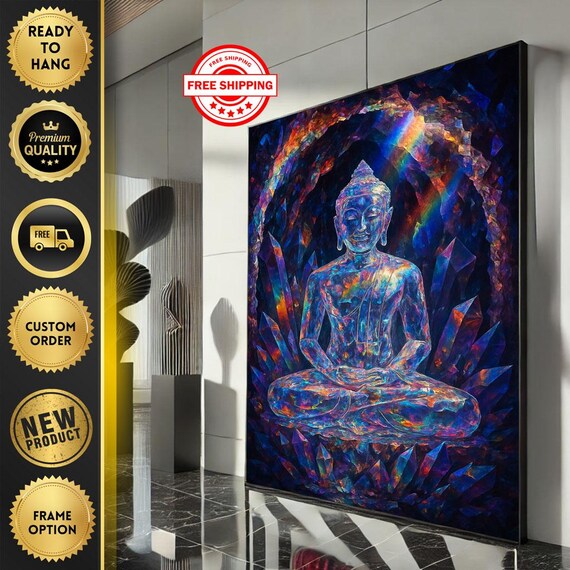 Peaceful Buddha Meditation Poster Iridescent Crystal Dark Spiritual Art Decor