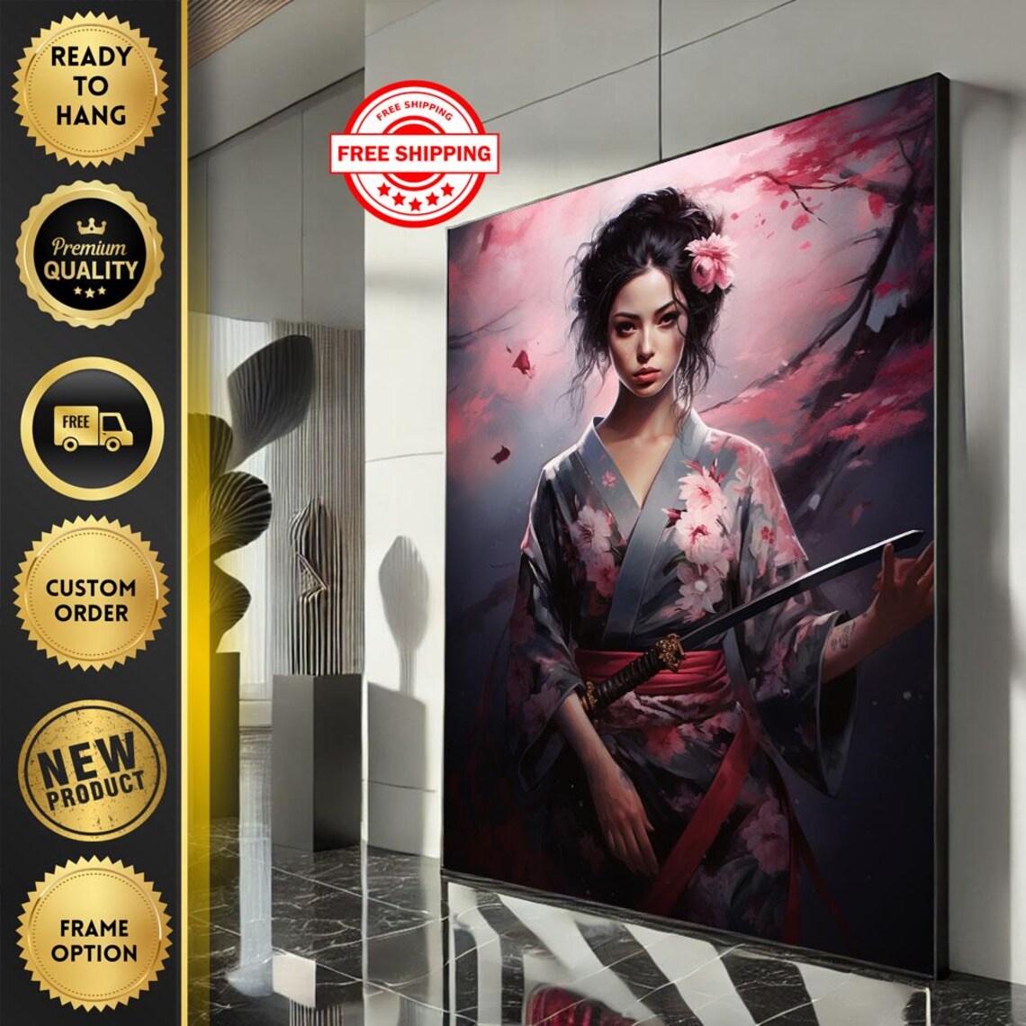 Japanese Geisha Warrior in Dark Kimono Cherry Blossom Sword Poster