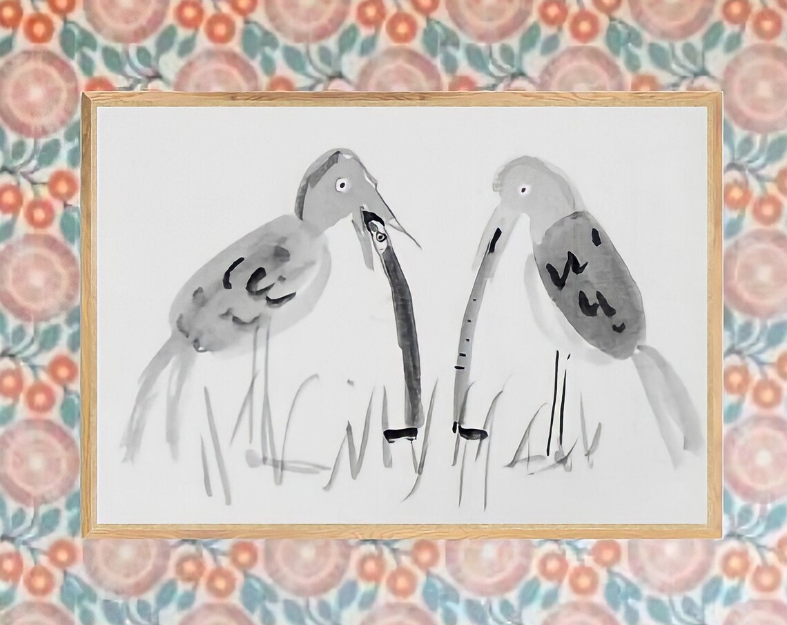 Funny Two Birds Sharing Long Worms Gray Ink Wash Humor Poster - Image 4