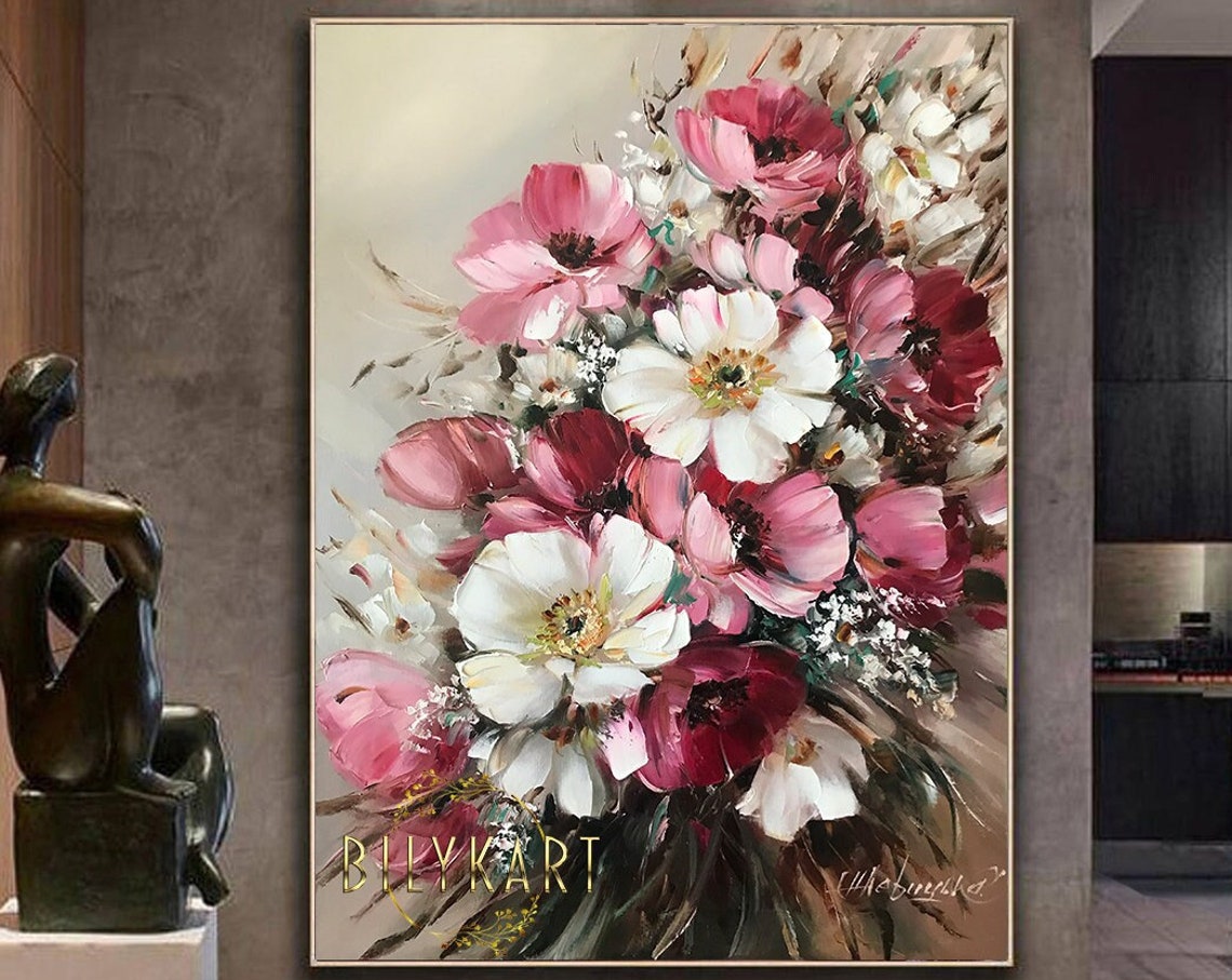 Pink White Poppies Bright Large Blooming Flowers Floral Art Poster