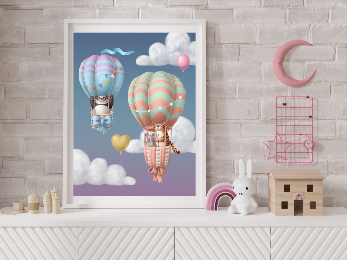 Cute Panda and Tiger Riding Hot Air Balloons Nursery Art Print - Image 2
