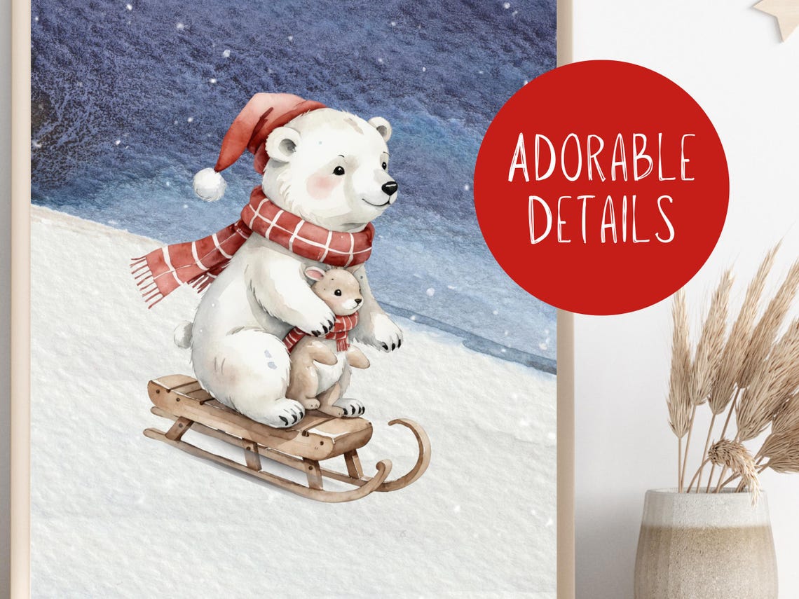Polar Bear Sledding Winter Night Poster Cute Christmas Nursery Decor - Image 3