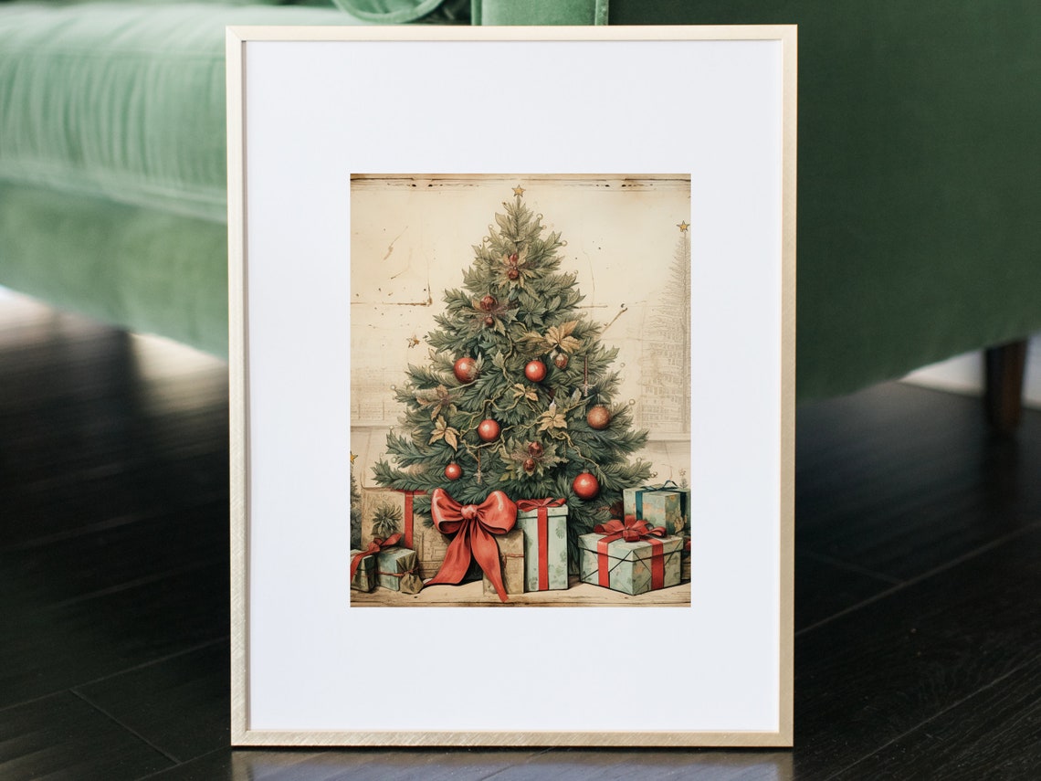 Vintage Christmas Tree with Red Bow and Wrapped Gifts Poster - Image 2
