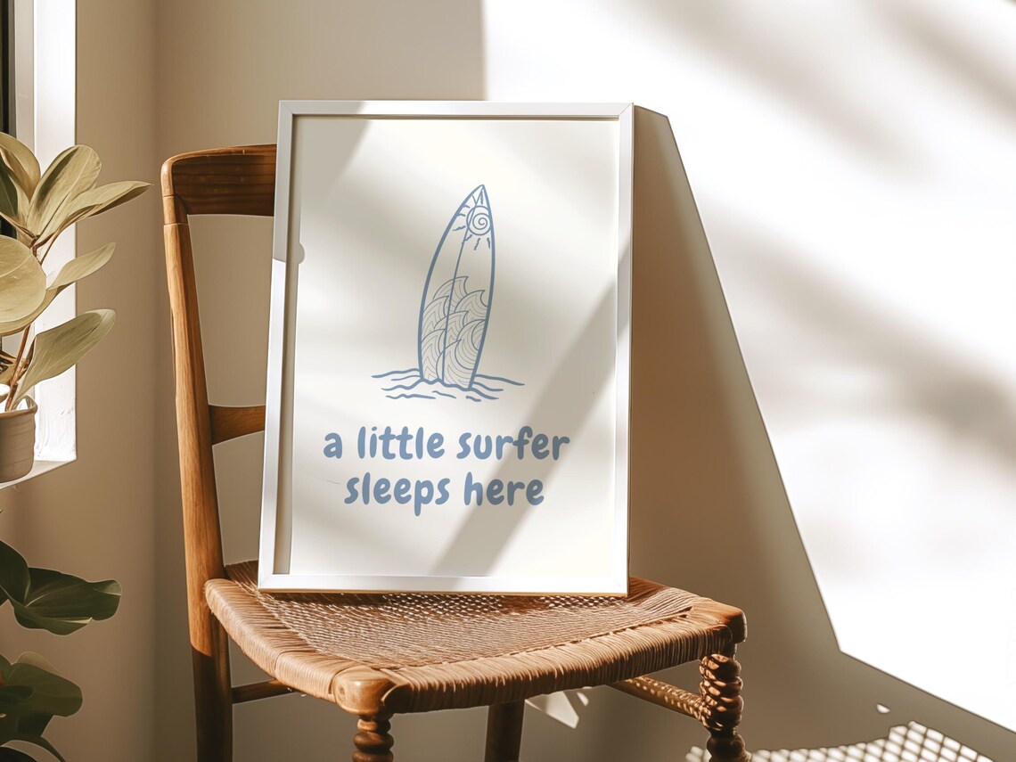 A Little Surfer Sleeps Here Surfboard Quote Blue Nursery Room Poster - Image 4
