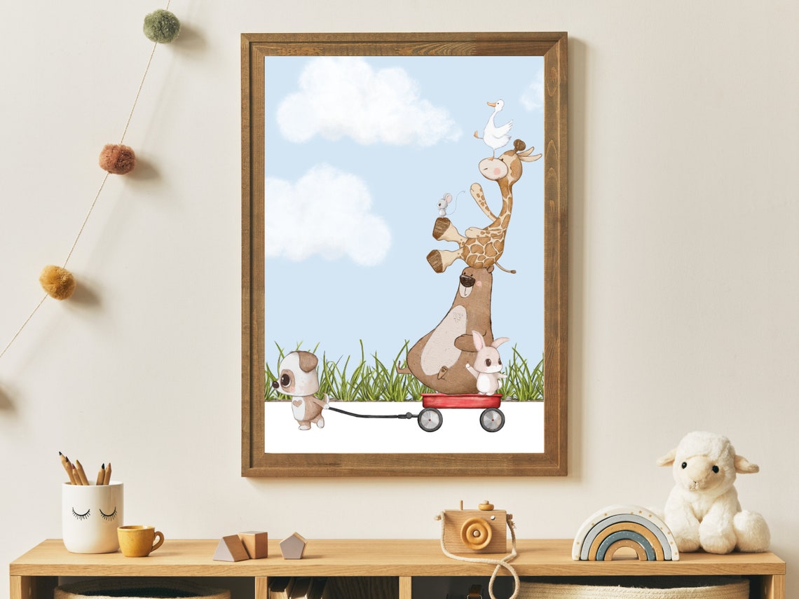 Puppy Pulling Wagon With Stacked Animals Watercolor Kids Poster - Image 2