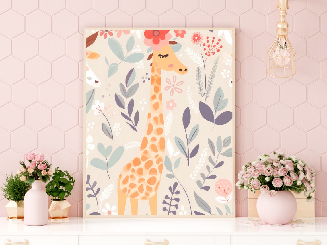 Boho Style Giraffe With Flower Crown Pastel Nursery Art Poster - Image 3