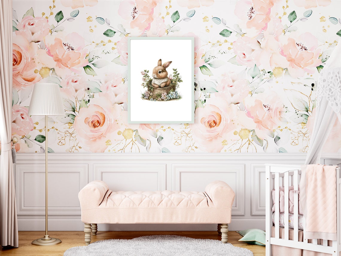 Watercolour Bunny in a Flower Basket Pastel Nursery Easter Poster - Image 2