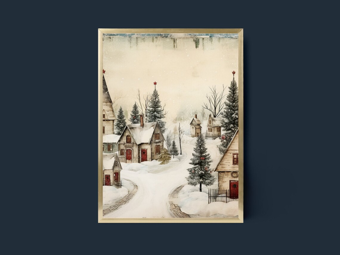 Snowy Christmas Village with Church Watercolor Holiday Town Poster - Image 3