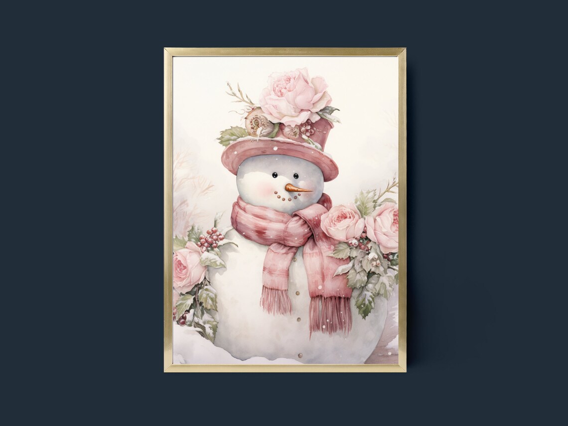 Snowman Holiday Decor, Soft Pink Christmas Art Print - Image 2