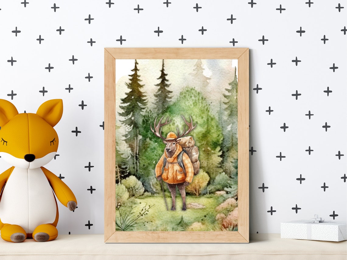 Deer Hiker with Backpack and Trekking Poles Forest Nursery Poster - Image 4