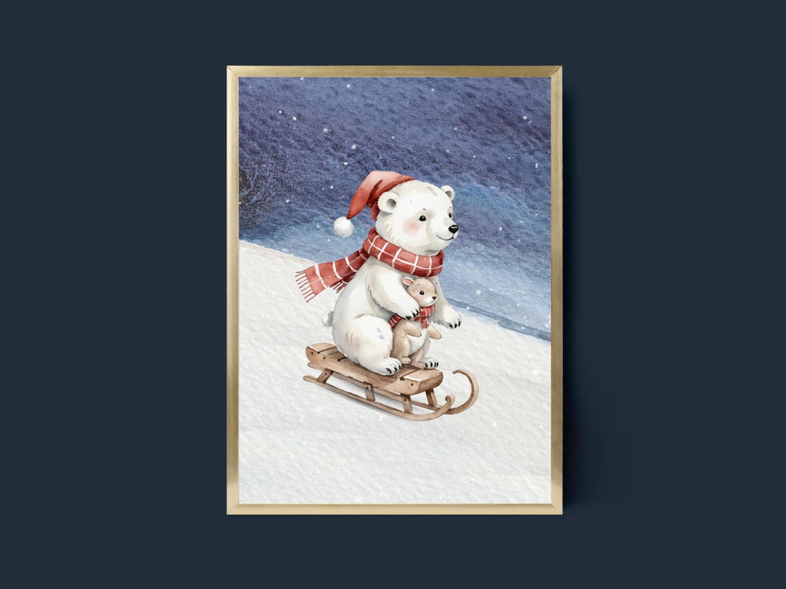 Polar Bear Sledding Winter Night Poster Cute Christmas Nursery Decor - Image 2