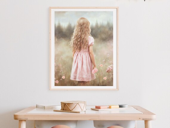 Little Girl Wildflower Meadow Poster Blush Pink Vintage Nursery Decor