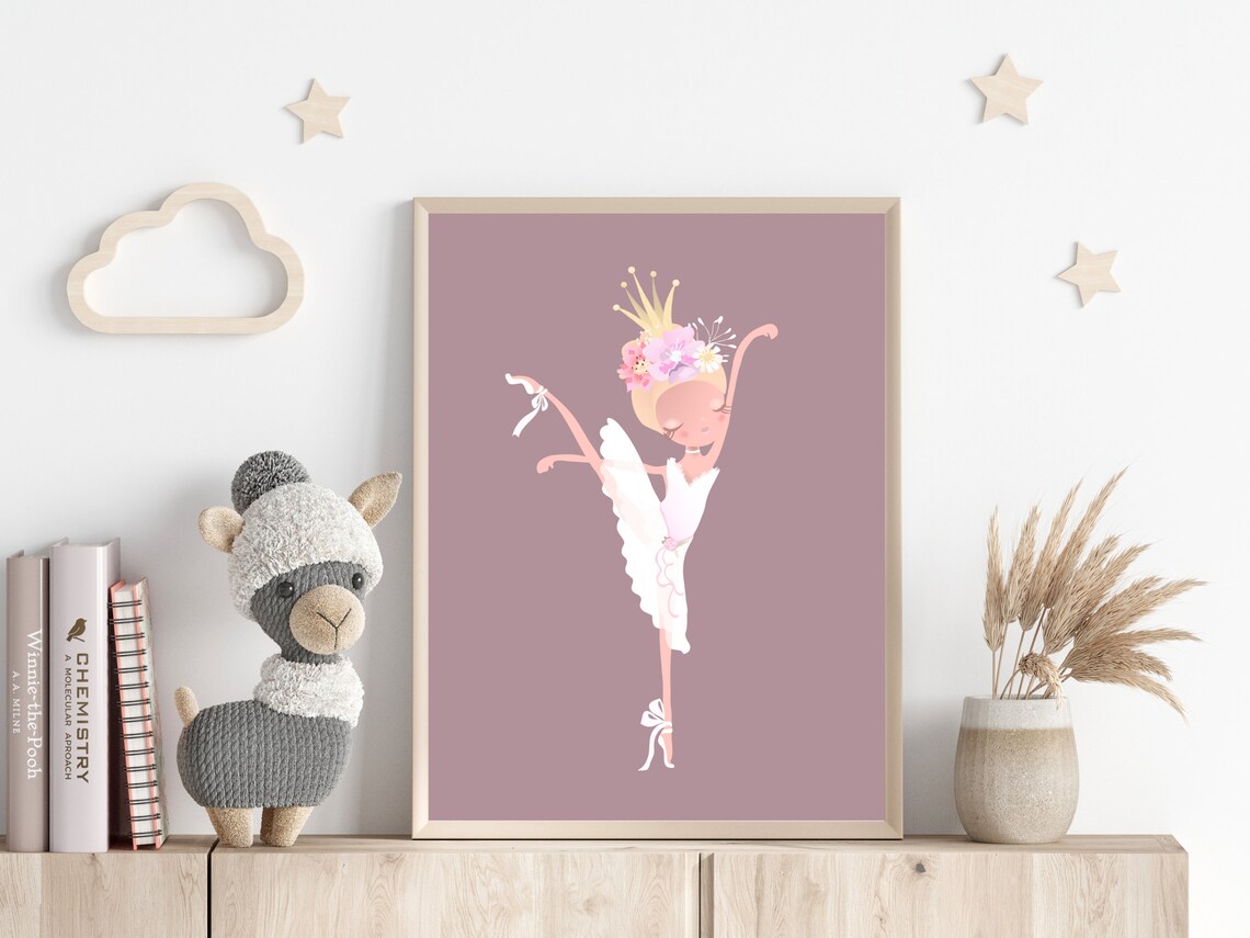 Ballerina Princess With Floral Crown On Mauve Girls Room Poster - Image 2