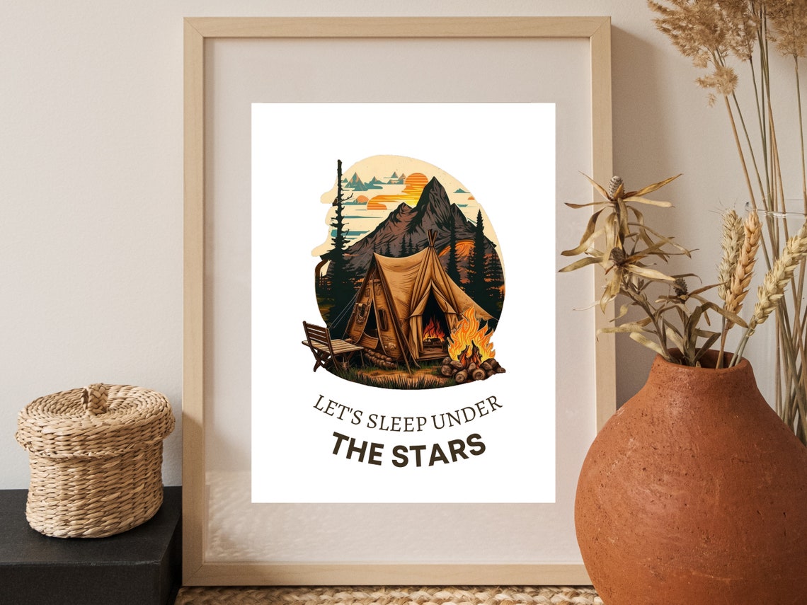 Let's Sleep Under the Stars Camping Tent Campfire Wall Decor Print - Image 2