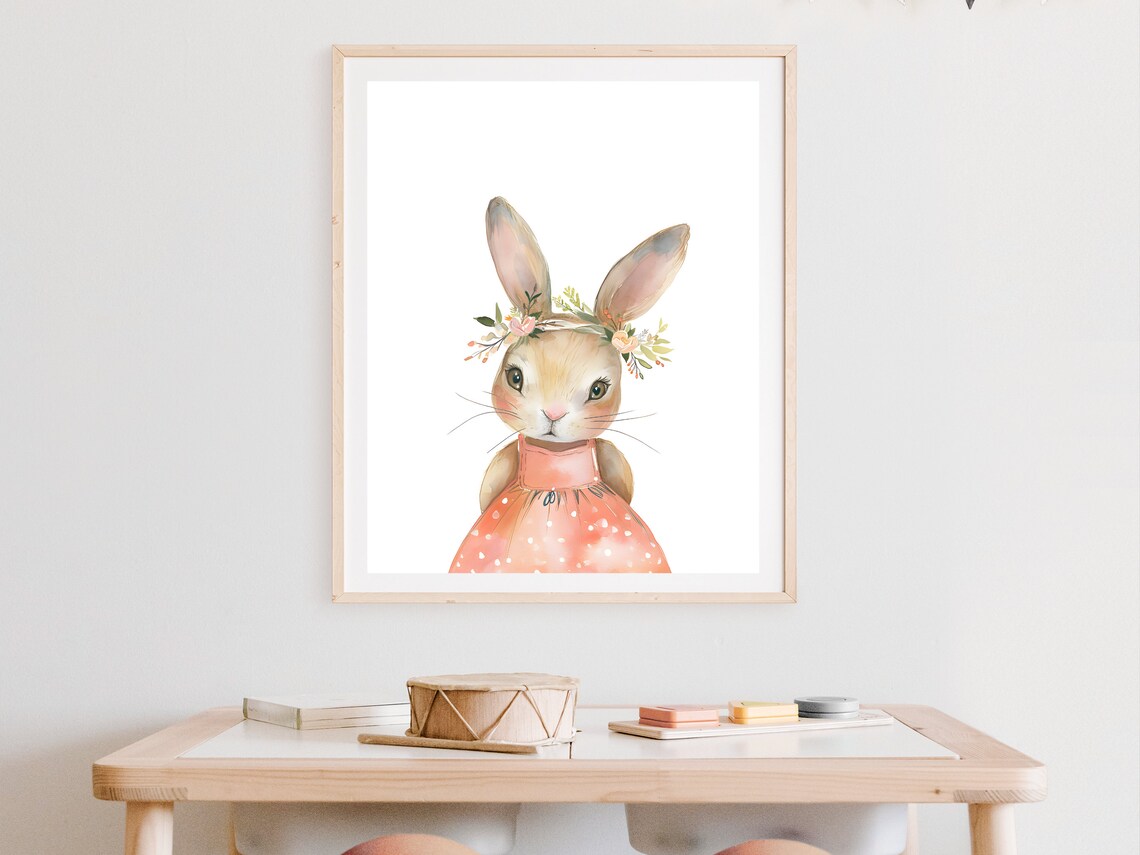 Bashful Bunny In Coral Dress With Flower Crown Watercolor Poster - Image 2