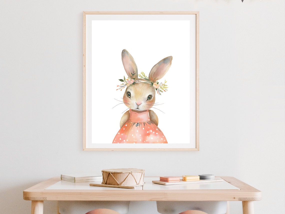 Bashful Bunny Rabbit Print Cute Bunny Wall Art Floral Crown Bunny Nursery Decor Easter Bunny Art Print Girls Room Art - Image 2