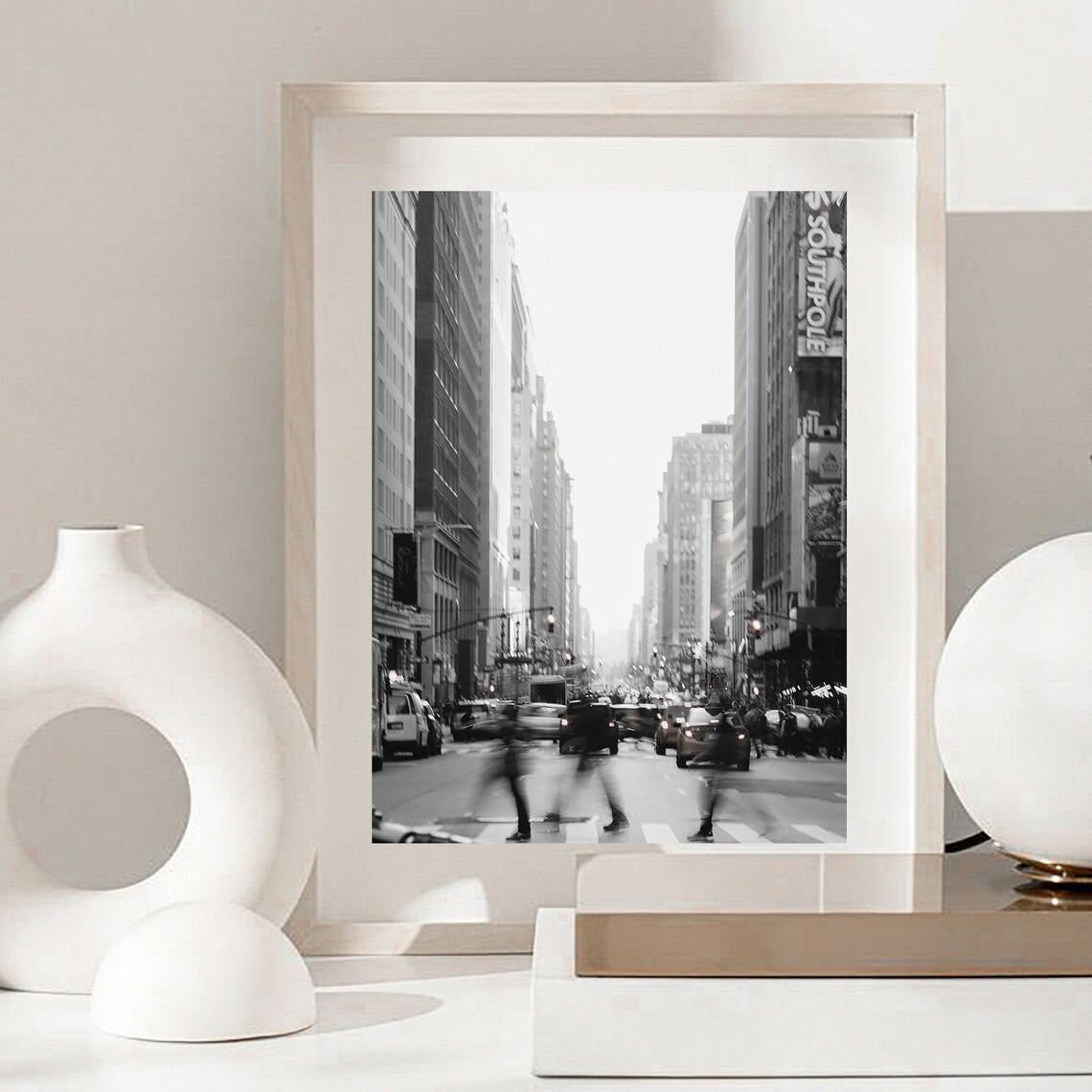 New York City Street Night Traffic Black and White Photo Poster