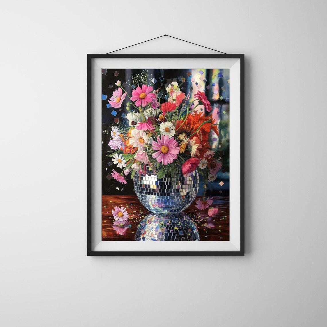 Colorful Floral Disco Ball Art Wall Retro Flower Modern Botanical Poster Funky Vase Artwork Instant