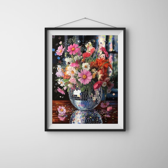Disco Ball Vase with Wildflowers Painting Party Floral Statement Wall Art