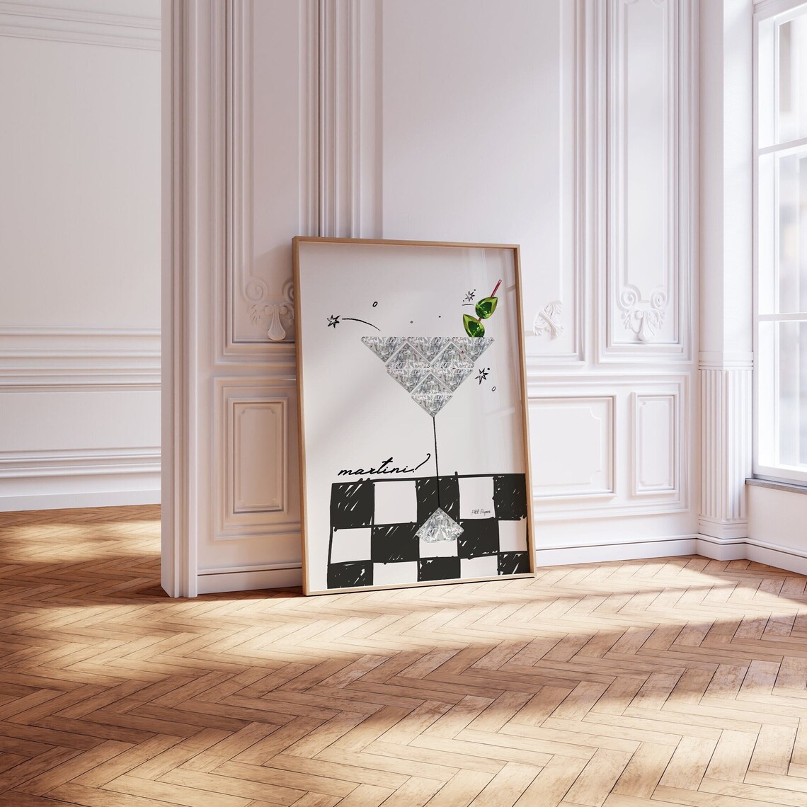 Martini Cocktail Doodle Sketch Chic Checkerboard Bar Cart Wall Art