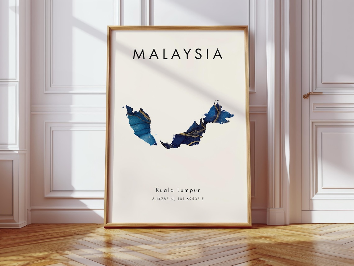Malaysia Country Map Blue Gold Marble Kuala Lumpur Coordinates Travel Poster