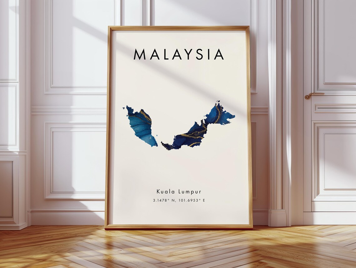 Malaysia Map Poster Blue And Gold Asia Wall Art Print Home Decor Geography Gift Wallpaper