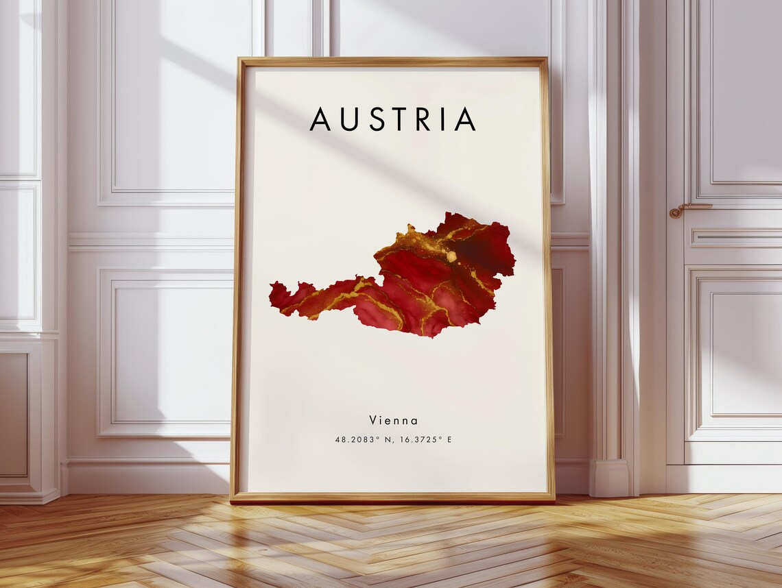 Austria Country Map Red Marble Vienna Coordinates Minimalist Travel Poster