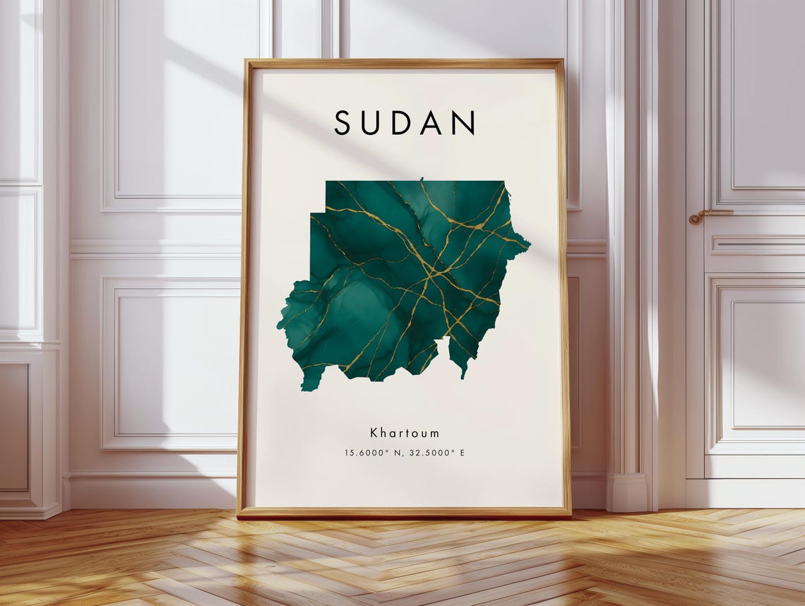 Sudan Green and Gold Marble Country Map Coordinates Wall Print