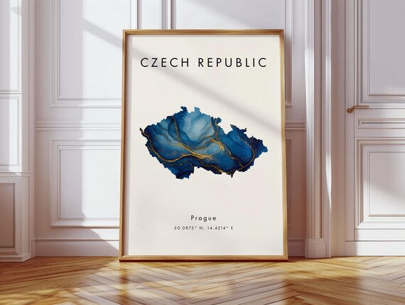 Czech Republic Map Poster Blue And Gold Europe Wall Art Print Home Decor Geography Gift Wallpaper