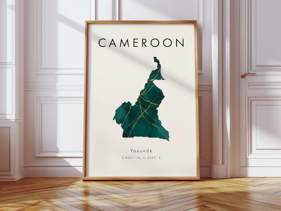 Cameroon Map Poster Green And Gold Africa Wall Art Print Home Decor Geography Gift Wallpaper