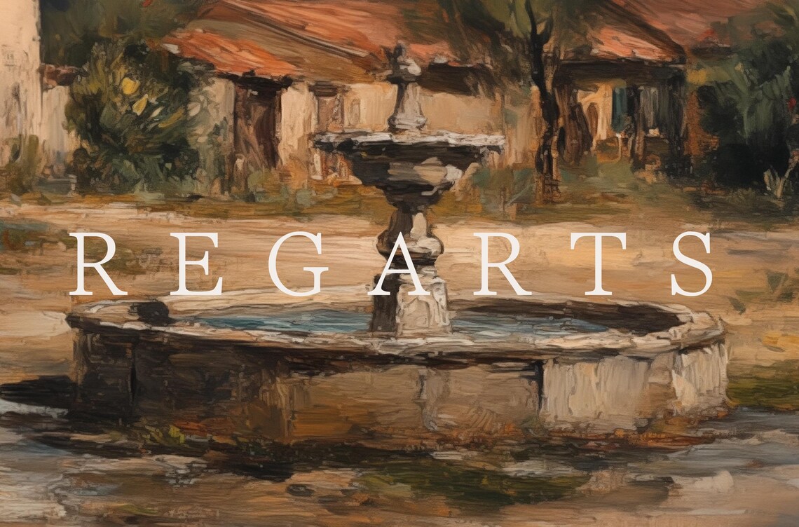 French Church Painting Stone Fountain Village Square Mountains Poster - Image 4