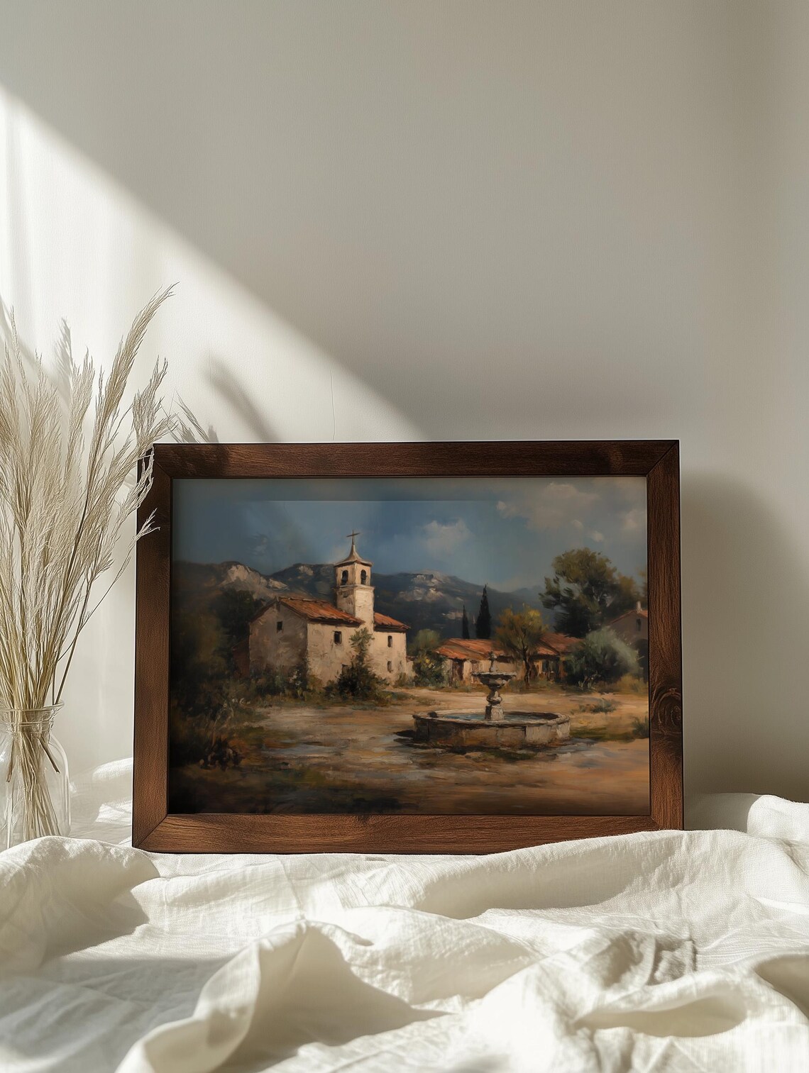 French Church Painting Stone Fountain Village Square Mountains Poster - Image 9