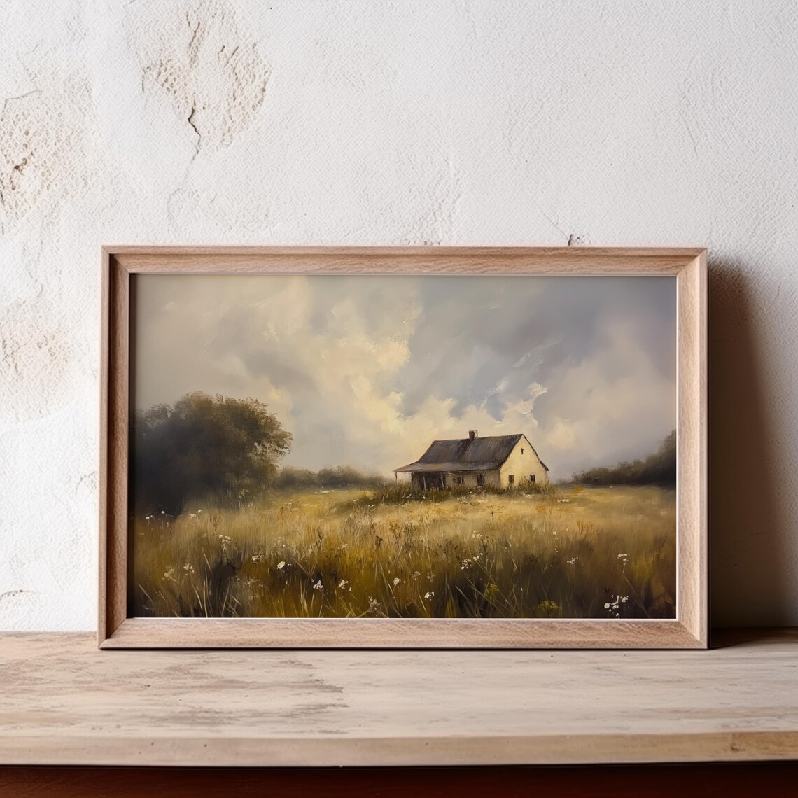 Country Farmhouse Painting Golden Field Cloudy Sky Rural Poster - Image 3