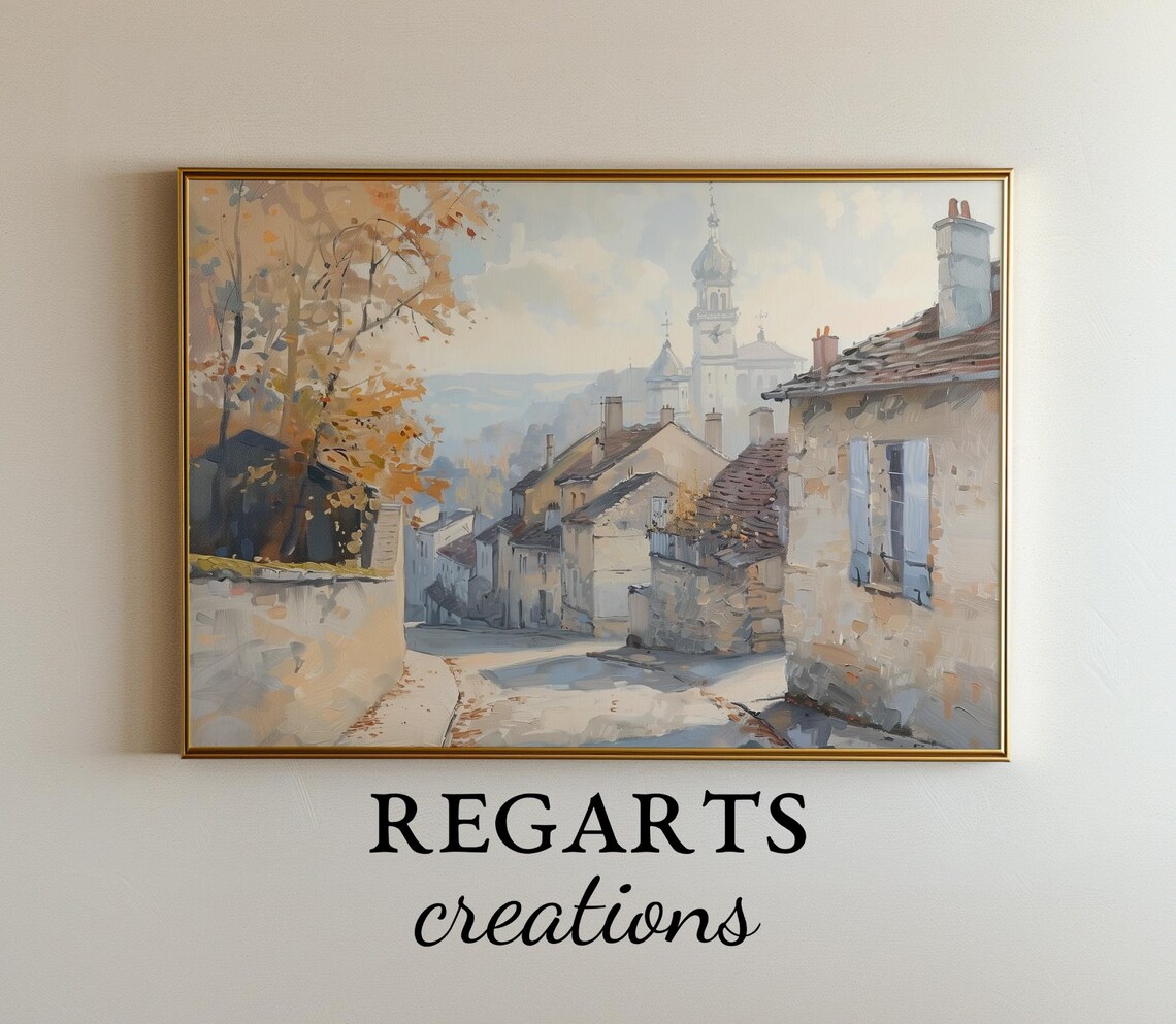 French Village Street Painting Autumn Morning Light Church Tower Poster