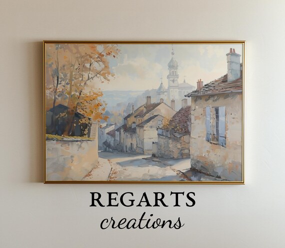 French Village Street Painting Autumn Morning Light Church Tower Poster