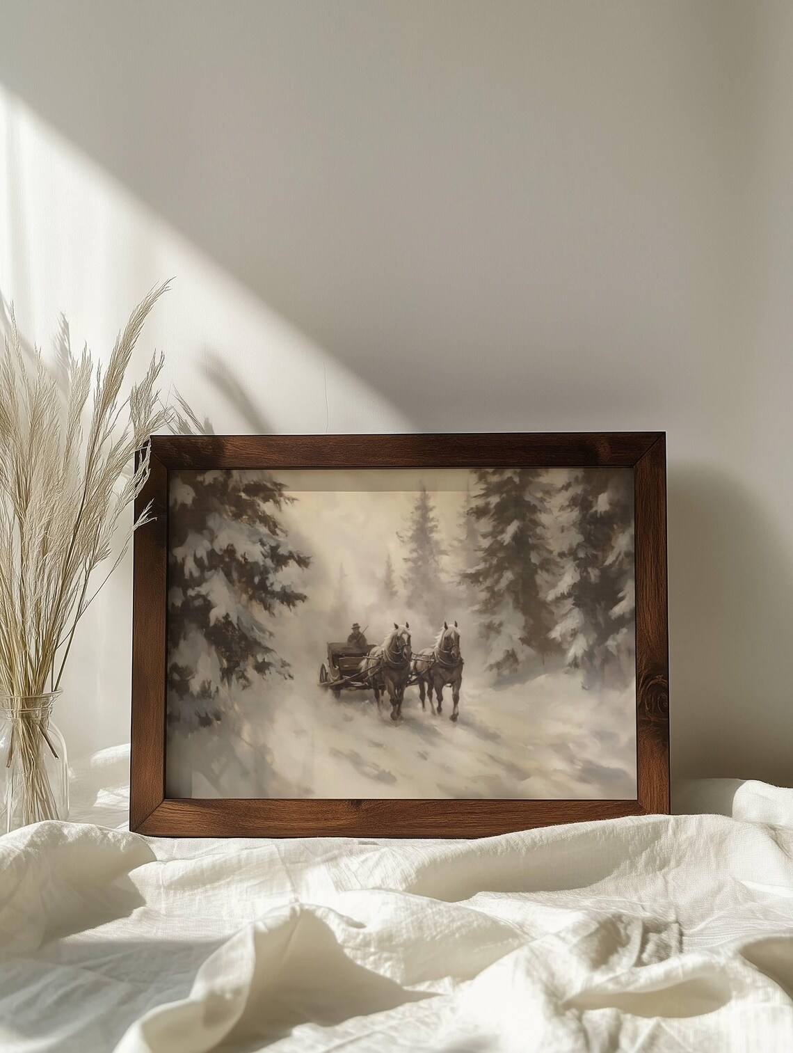 Antique Horse Sleigh Ride Through Snowy Forest Oil Painting Poster - Image 6