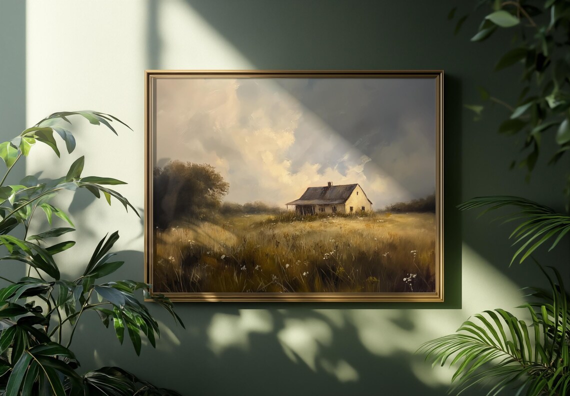 Country Farmhouse Painting Golden Field Cloudy Sky Rural Poster - Image 5