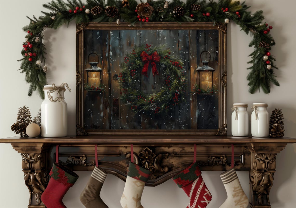 Antique Christmas Wreath With Red Bow On Dark Wooden Door Poster