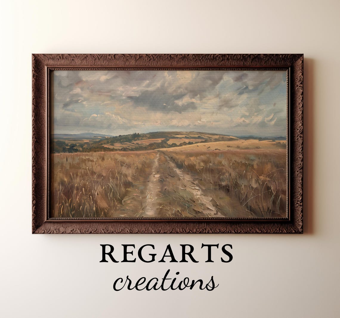 English Countryside Path Painting Golden Grass Distant Hills Poster