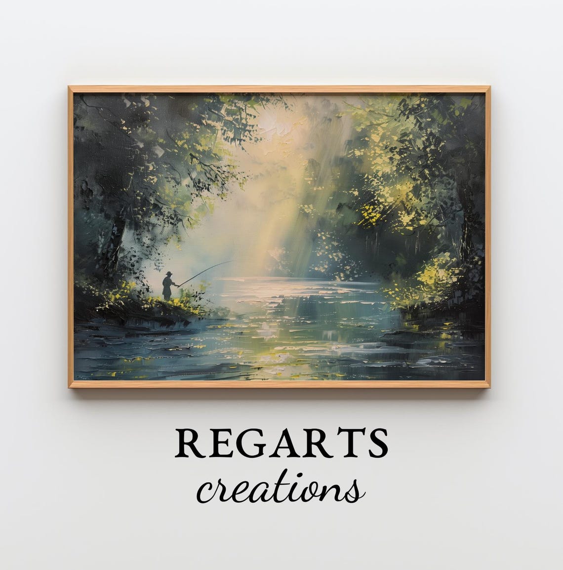 Morning Mist River Painting Fisherman In Sunlit Forest Poster - Image 3