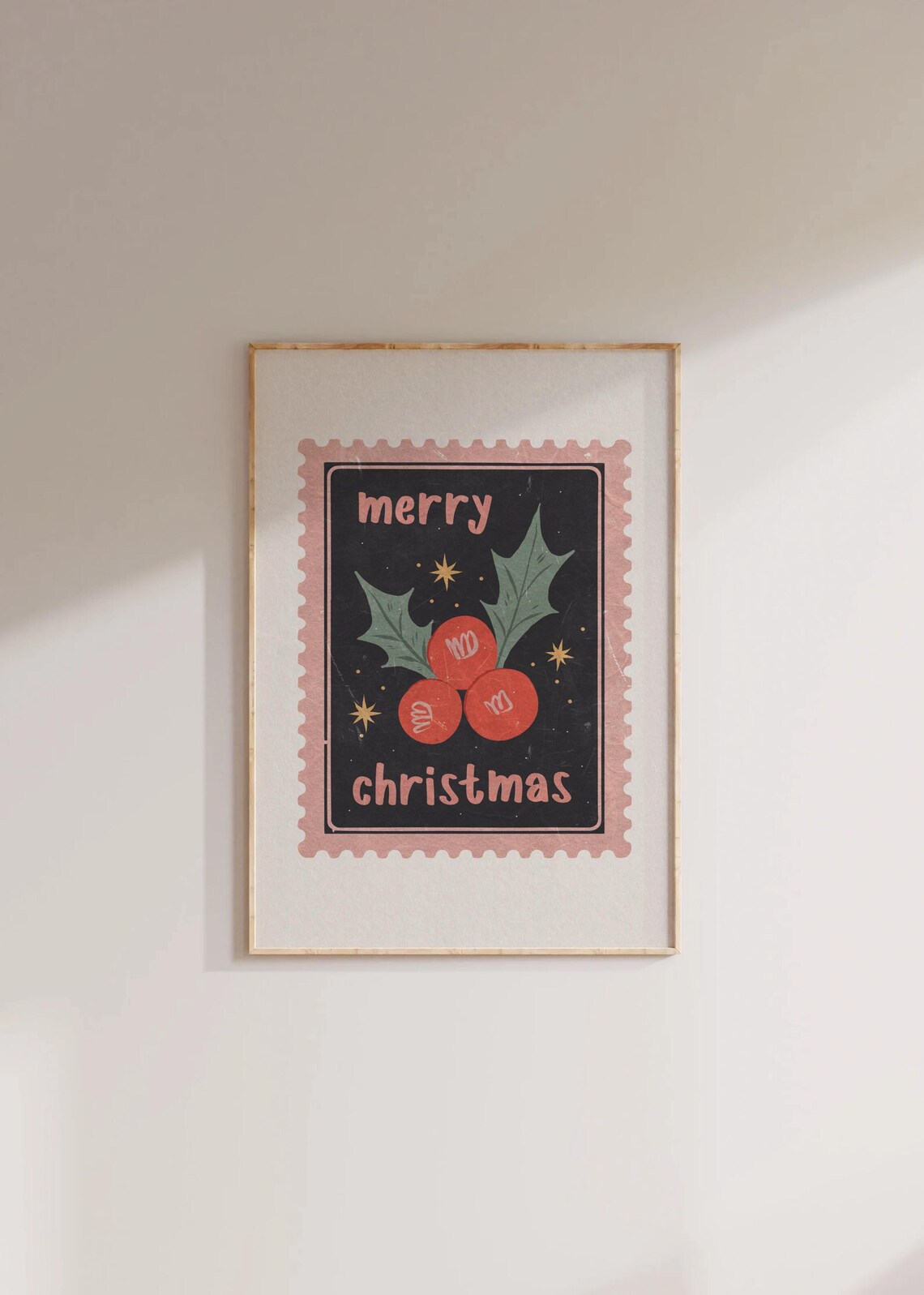 Merry Christmas Pink Postage Stamp Holly Berry Holiday Poster - Image 3