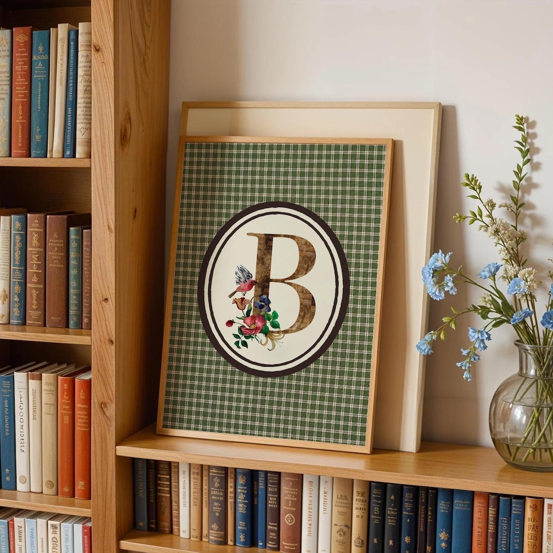 Letter B Floral Monogram Songbird Green Plaid Vintage Wall Art