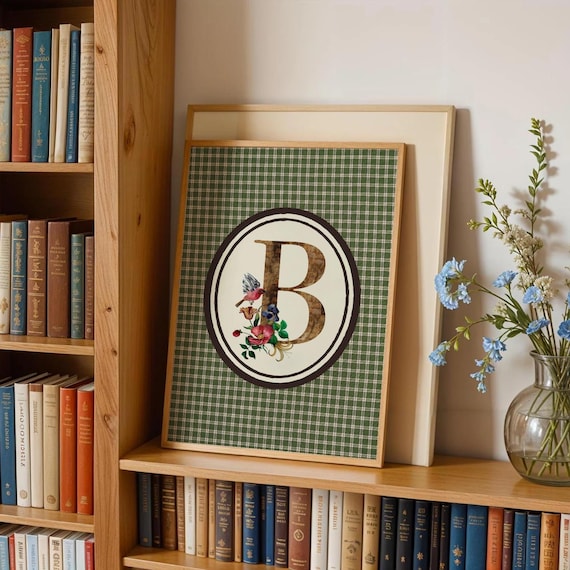 Letter B Floral Monogram Songbird Green Plaid Vintage Wall Art
