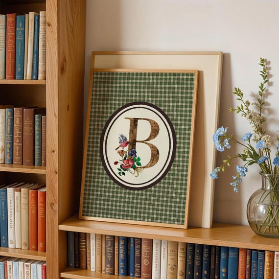 Wildflowers Initial Print Floral Nursery Wall Art Gingham Decor Boho Name Sign Vintage Striped